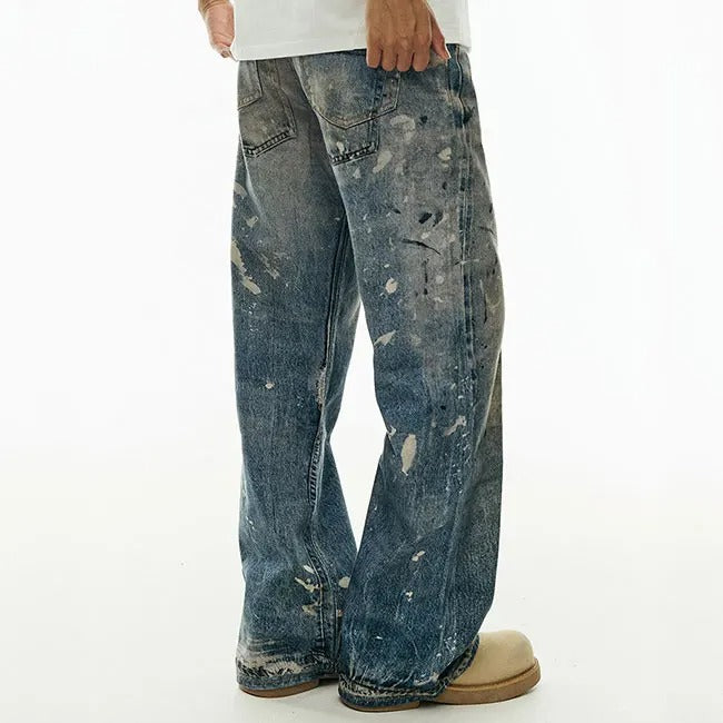 Wide-Leg Distressed Blue Jeans with Paint Splatter Effect