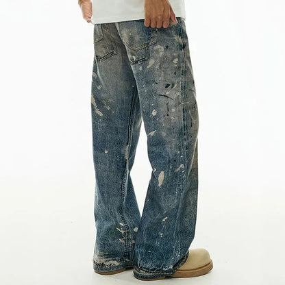 Wide-Leg Distressed Blue Jeans with Paint Splatter Effect