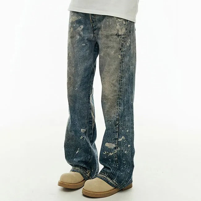 Wide-Leg Distressed Blue Jeans with Paint Splatter Effect