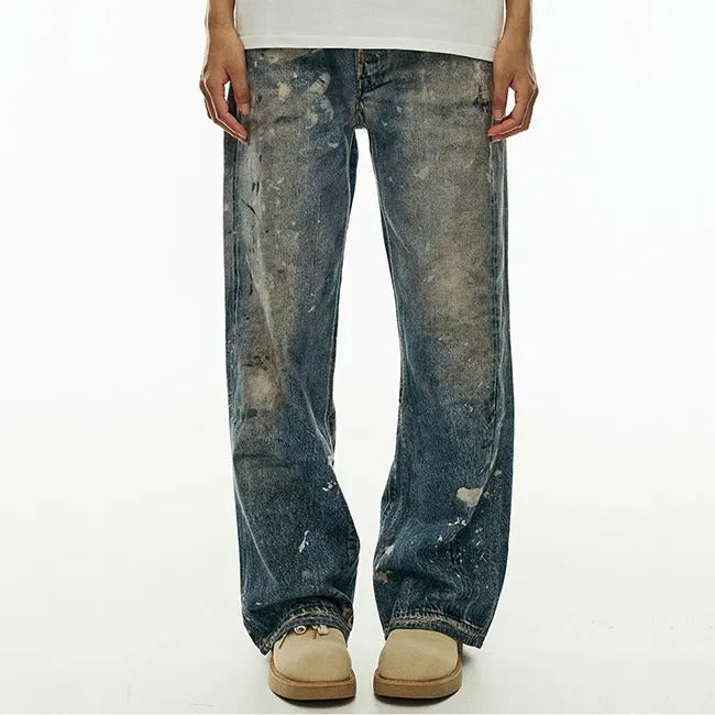 Wide-Leg Distressed Blue Jeans with Paint Splatter Effect