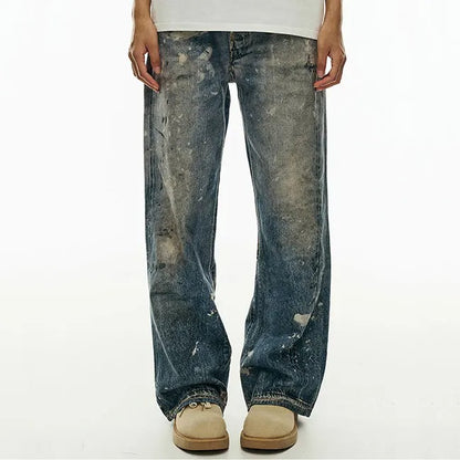 Wide-Leg Distressed Blue Jeans with Paint Splatter Effect
