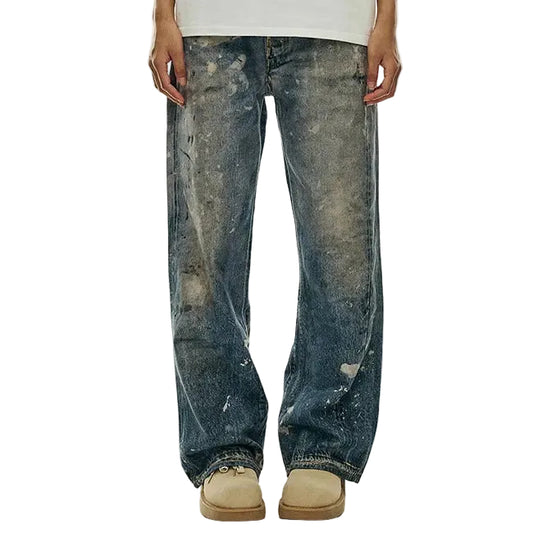 Wide-Leg Distressed Blue Jeans with Paint Splatter Effect