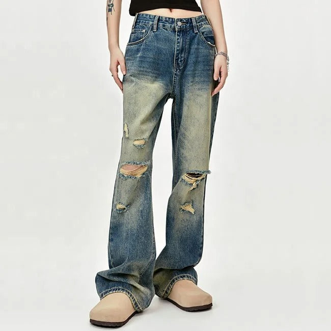 Wide-Leg Distressed Blue Jeans with Ripped Knee Detail