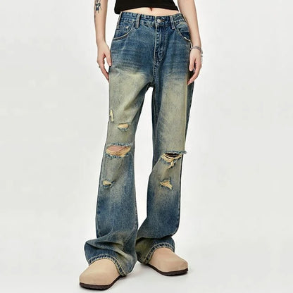 Wide-Leg Distressed Blue Jeans with Ripped Knee Detail
