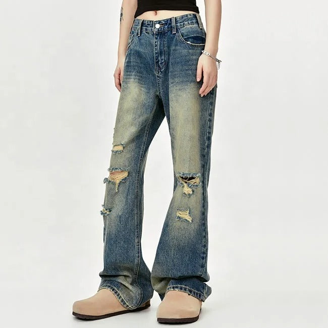 Wide-Leg Distressed Blue Jeans with Ripped Knee Detail