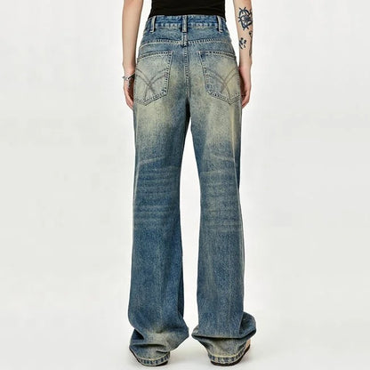 Wide-Leg Distressed Blue Jeans with Ripped Knee Detail