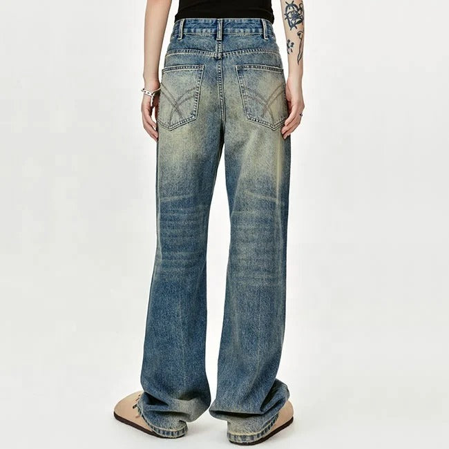 Wide-Leg Distressed Blue Jeans with Ripped Knee Detail