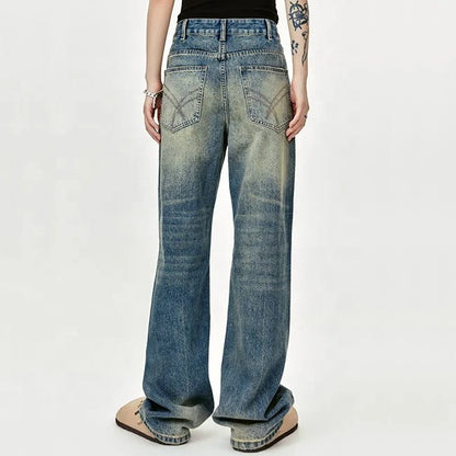 Wide-Leg Distressed Blue Jeans with Ripped Knee Detail