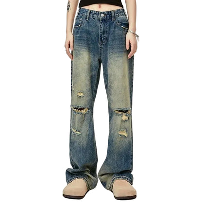 Wide-Leg Distressed Blue Jeans with Ripped Knee Detail