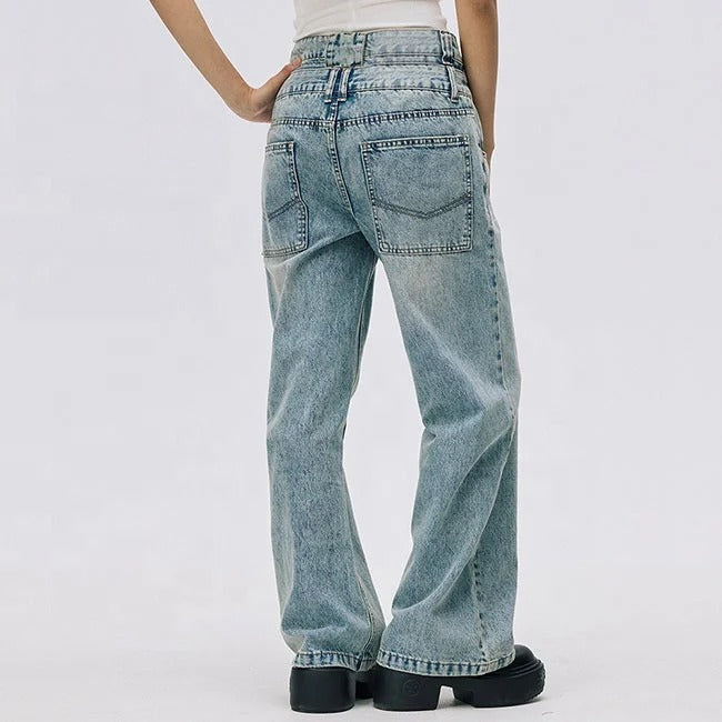 Wide-Leg Light Blue Jeans with Double Waistband Detail