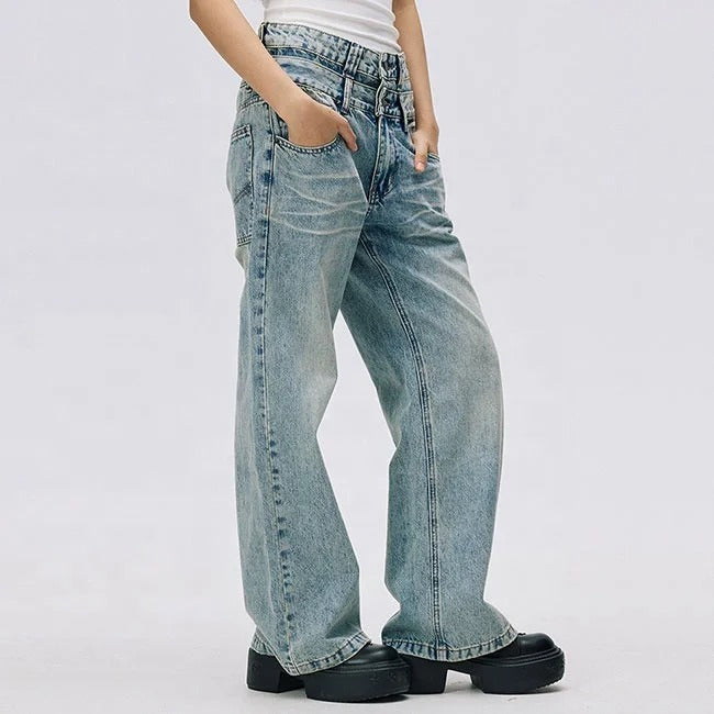Wide-Leg Light Blue Jeans with Double Waistband Detail