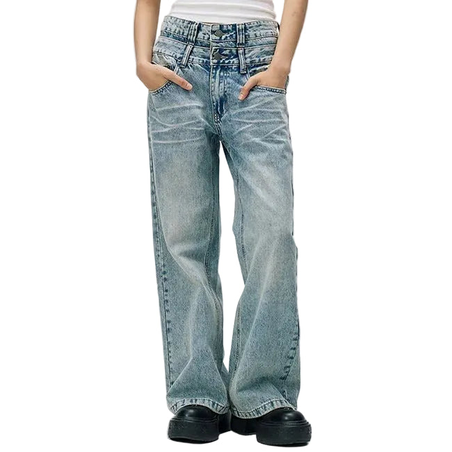 Wide-Leg Light Blue Jeans with Double Waistband Detail