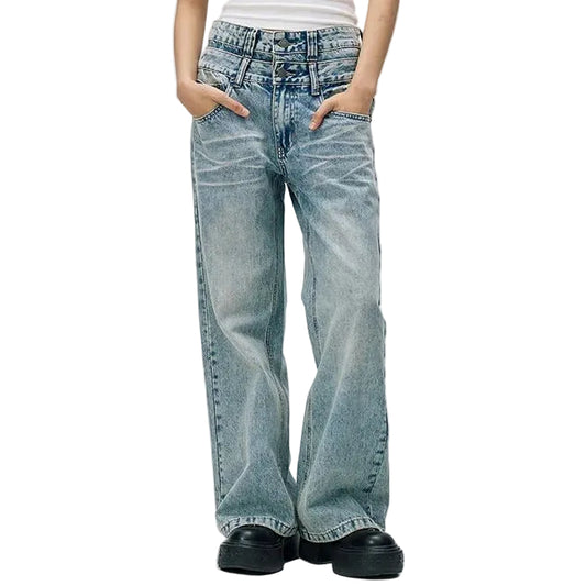 Wide-Leg Light Blue Jeans with Double Waistband Detail
