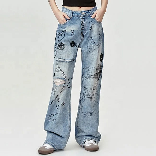 Wide-Leg Light Blue Jeans with Graphic Print Detail