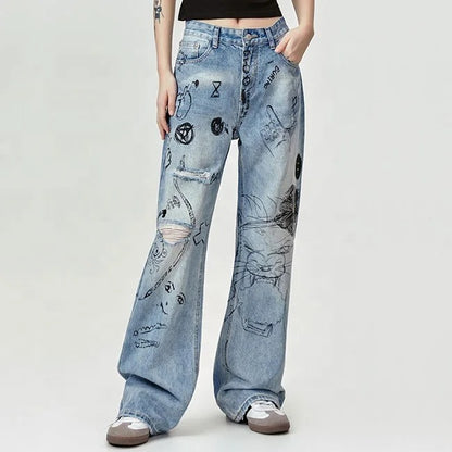 Wide-Leg Light Blue Jeans with Graphic Print Detail