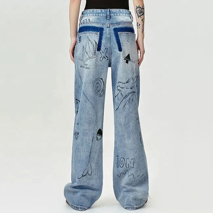 Wide-Leg Light Blue Jeans with Graphic Print Detail