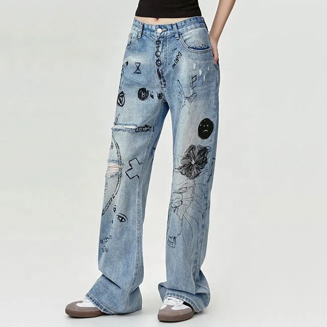 Wide-Leg Light Blue Jeans with Graphic Print Detail