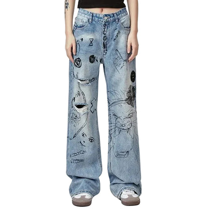Wide-Leg Light Blue Jeans with Graphic Print Detail