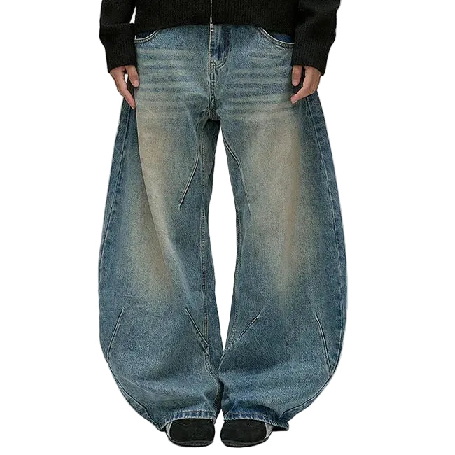 Wide-Leg Washed Blue Jeans with Curved Seam Detail