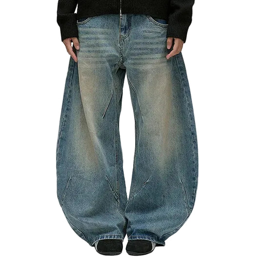 Wide-Leg Washed Blue Jeans with Curved Seam Detail