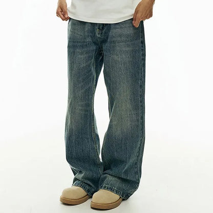 Wide-Leg Washed Blue Jeans with Faded Detail