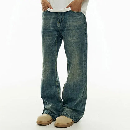 Wide-Leg Washed Blue Jeans with Faded Detail