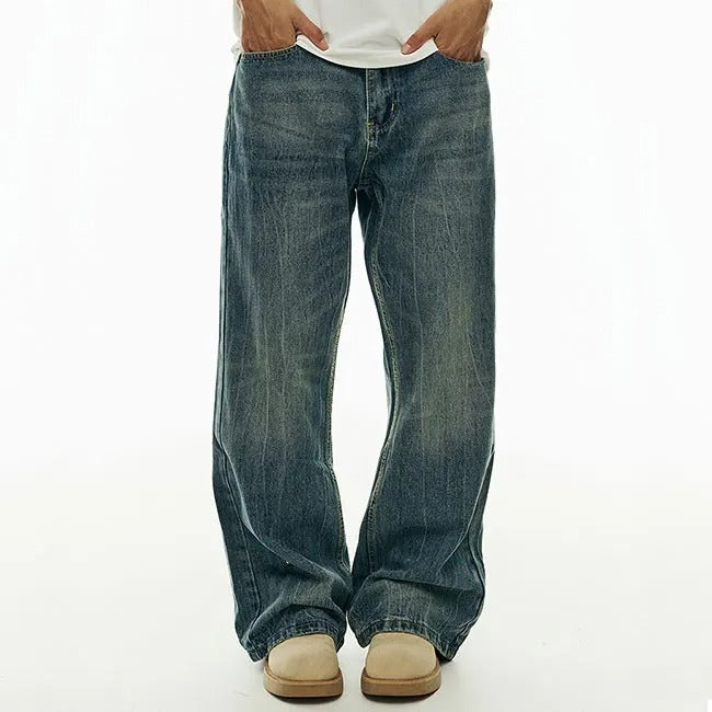 Wide-Leg Washed Blue Jeans with Faded Detail