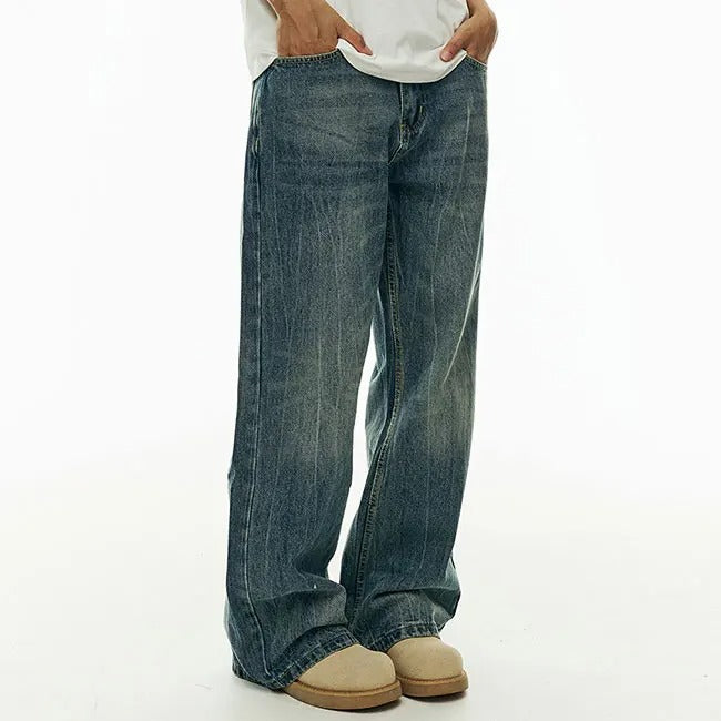 Wide-Leg Washed Blue Jeans with Faded Detail