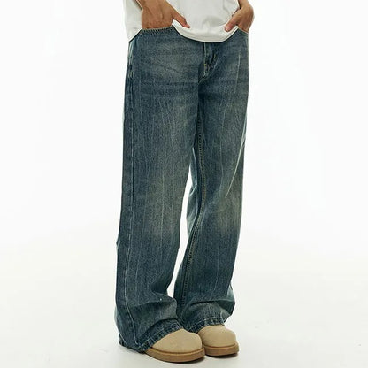 Wide-Leg Washed Blue Jeans with Faded Detail