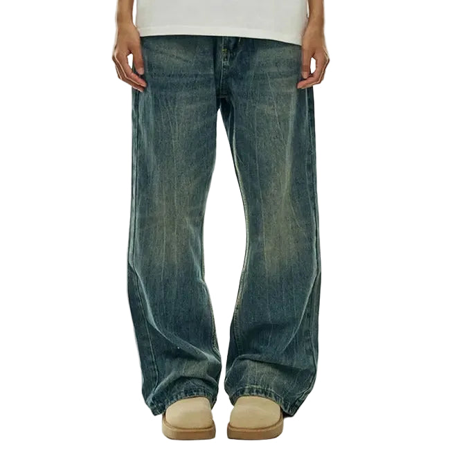 Wide-Leg Washed Blue Jeans with Faded Detail