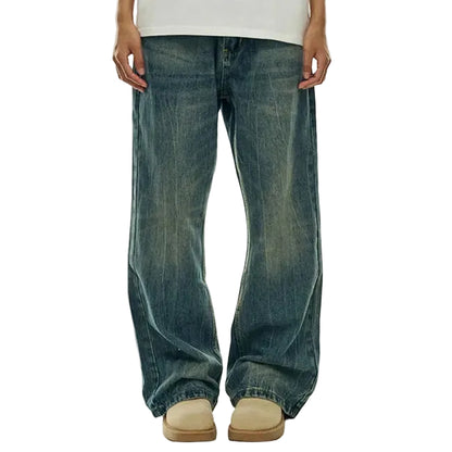 Wide-Leg Washed Blue Jeans with Faded Detail