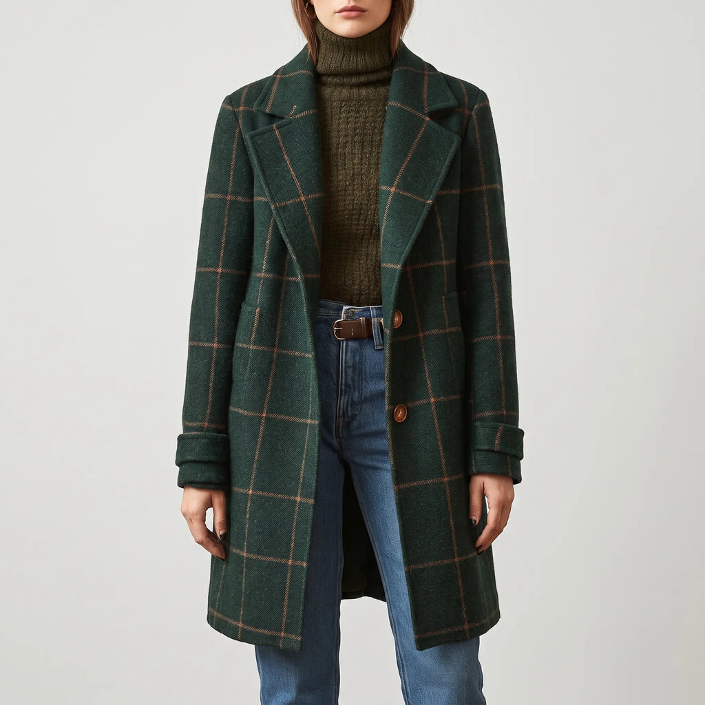Women's Long Checked Coat - Fitted Button-Up Winter Outerwear