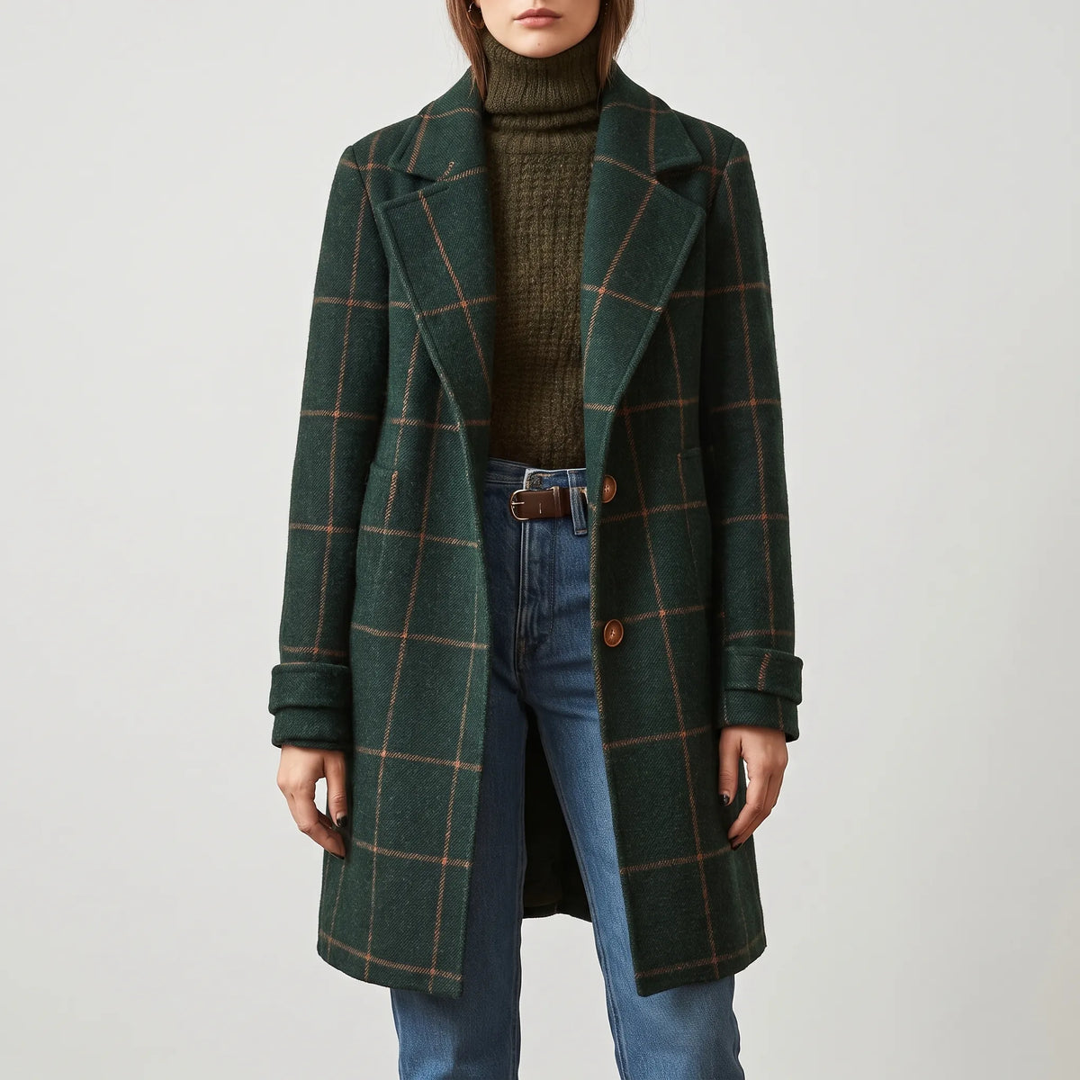 Women's Long Checked Coat - Fitted Button-Up Winter Outerwear