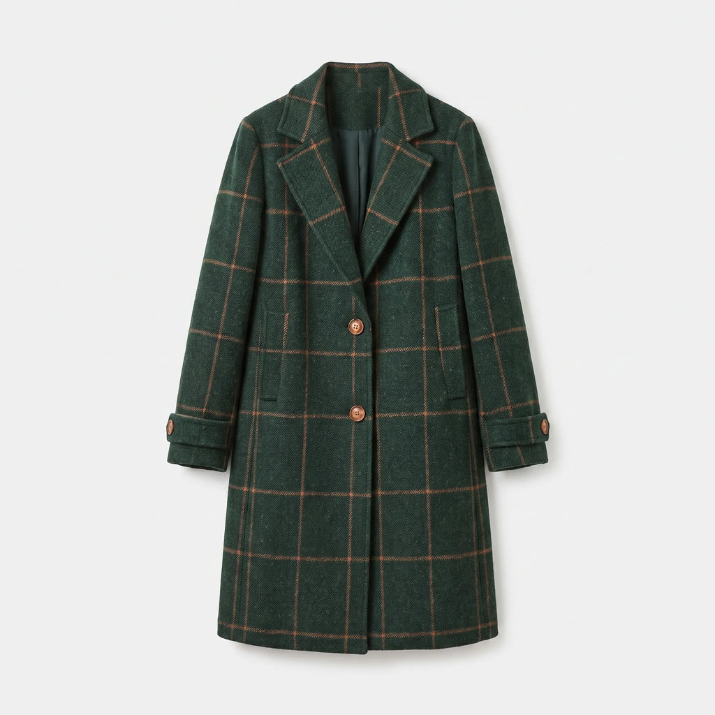 Women's Long Checked Coat - Fitted Button-Up Winter Outerwear