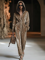 Women's Velvet Hooded Jumpsuit Leopard Print