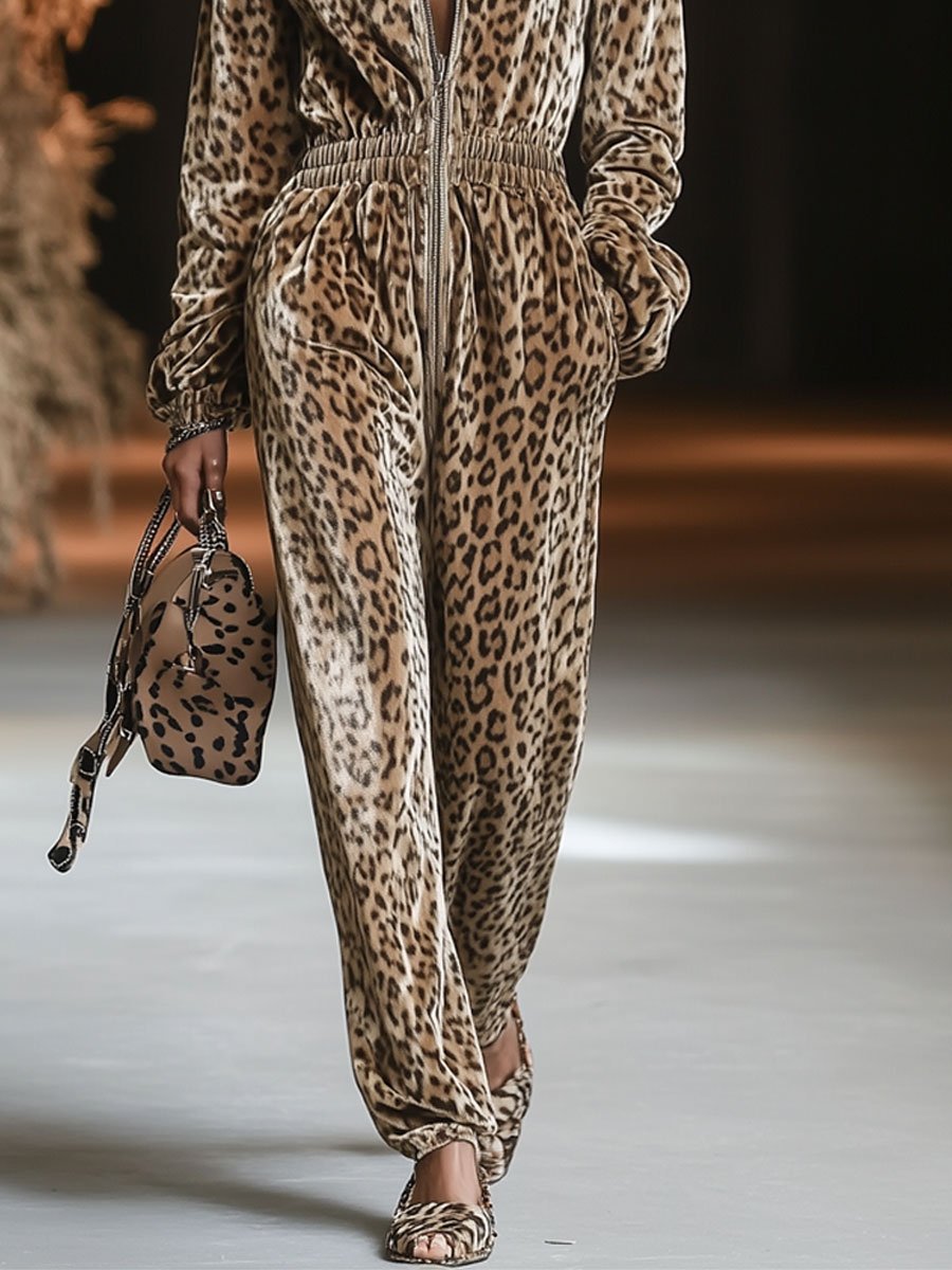 Women's Velvet Hooded Jumpsuit Leopard Print