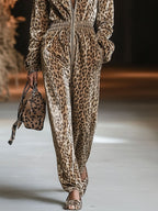 Women's Velvet Hooded Jumpsuit Leopard Print