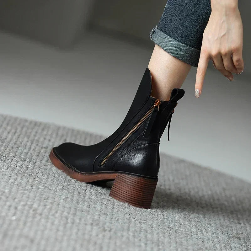 Women’s Zip-Up Ankle Boots with Block Heel and Side Zipper Detail