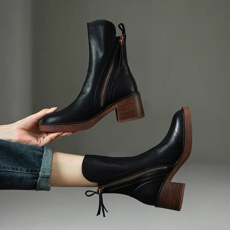 Women’s Zip-Up Ankle Boots with Block Heel and Side Zipper Detail