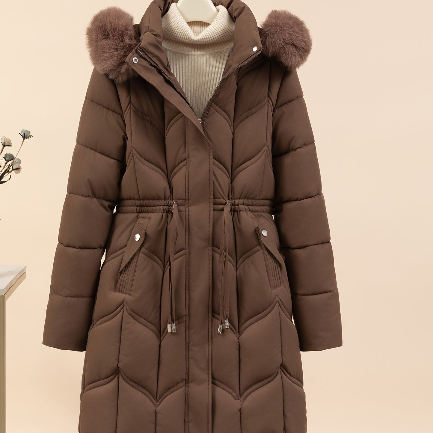 Women’s Long-Sleeve Faux Puffer Jacket, Slim Fit Warm Coat
