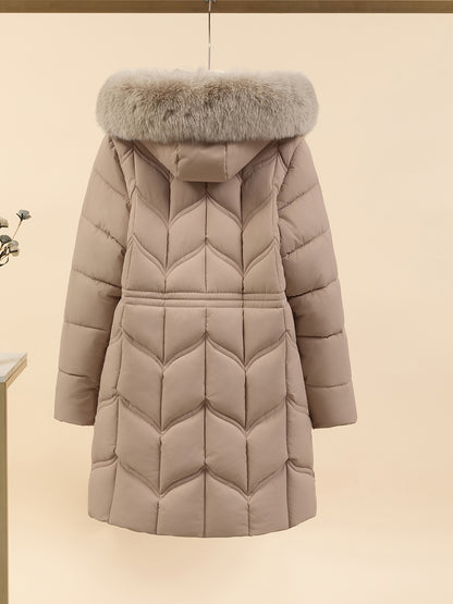Women’s Long-Sleeve Faux Puffer Jacket, Slim Fit Warm Coat