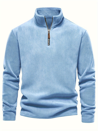 Refined Fleece Henley Sweater with Stand-Up Collar for Men