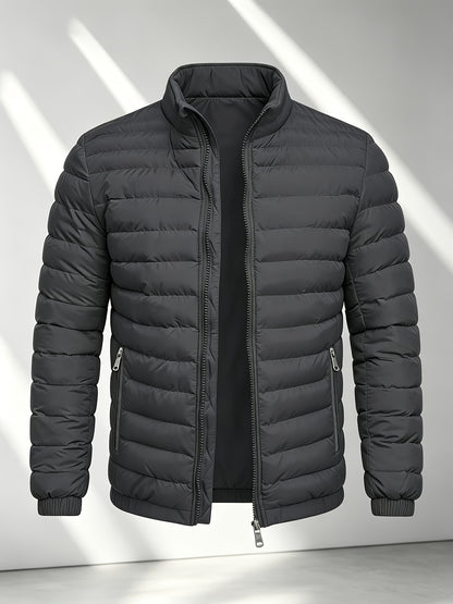 Men's College-Style Stand-Up Collar Jacket, Warm Outerwear Casual Windproof Coat with Zippered Pockets, Suitable for Winter Wear