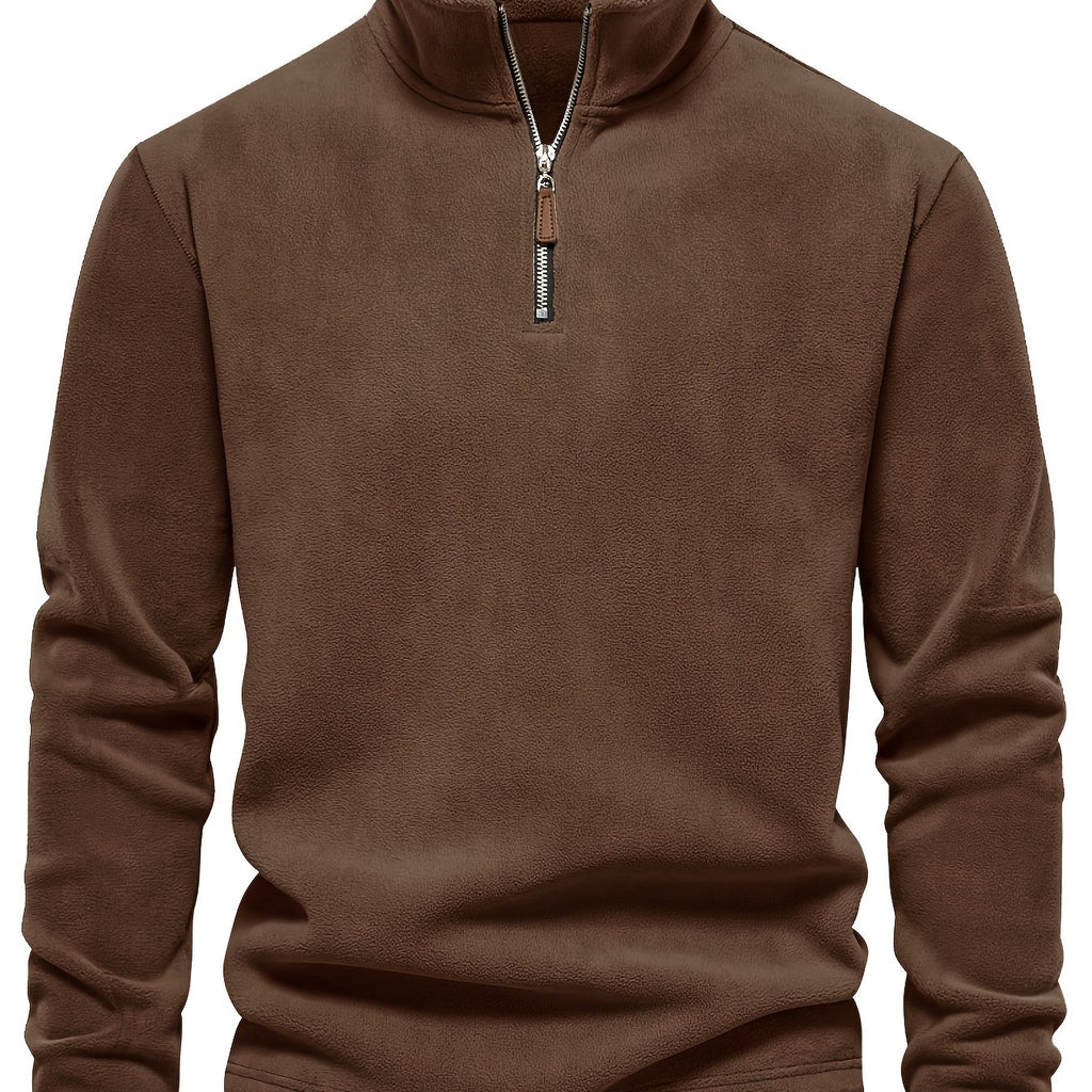 Refined Fleece Henley Sweater with Stand-Up Collar for Men