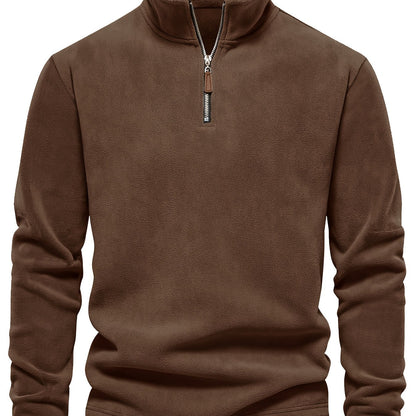 Refined Fleece Henley Sweater with Stand-Up Collar for Men