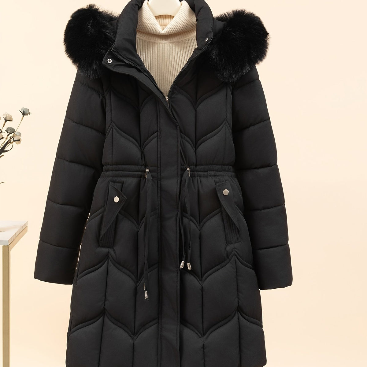 Women’s Long-Sleeve Faux Puffer Jacket, Slim Fit Warm Coat