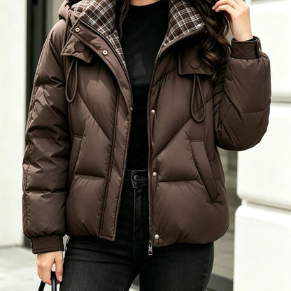 Women's Hooded Plaid Jacket - Warm Polyester Outerwear for Winter