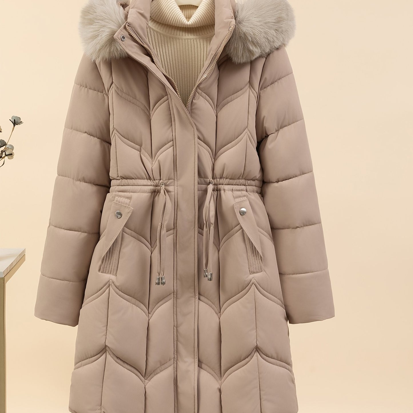Women’s Long-Sleeve Faux Puffer Jacket, Slim Fit Warm Coat