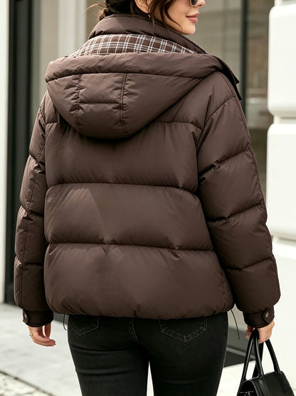 Women's Hooded Plaid Jacket - Warm Polyester Outerwear for Winter