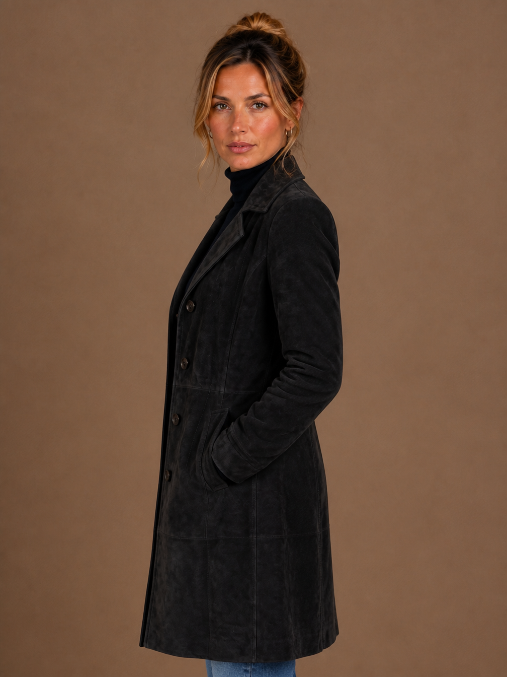 Women's Vintage Suede Longline Coat - Long Button Up Trench Jacket